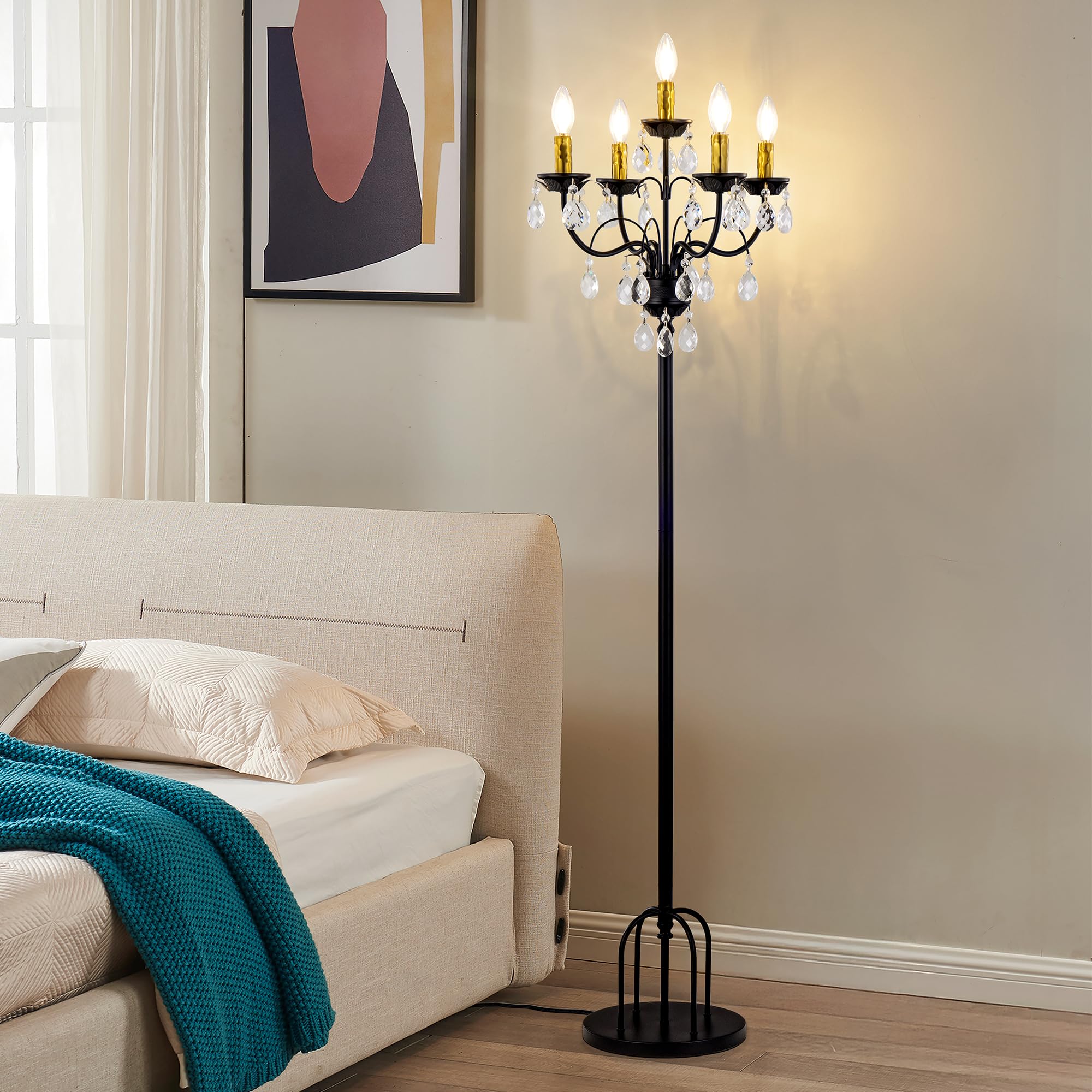TOCHIC 5 Lights Crystal Floor Lamp, Black Gold Modern Standing